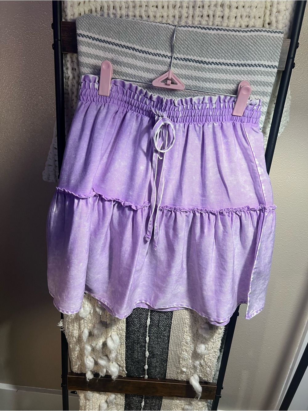 Zenana Outfitters Lavender Tiered Drawstring Mini Skirt 17”